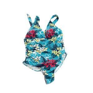 Nanu Womens Tropical Floral One Piece Swimsuit Teal Blue V-Neck Size M New